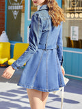 Long Sleeves Lapel Denim Dress, Flap Pockets Mid-Stretch With Waistband Peplum Denim Dress, Women's Denim Clothing