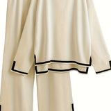 deanwangkt-1  Contrast Trim Two-piece Set, Crew Neck Long Sleeve Top & Elastic Waist Pants Outfits, Women's Clothing