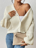 Solid Button Front Knitted Cardigans, Casual Long Lantern Sleeve Cardigan For Fall & Winter, Women's Clothing