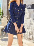 Long Sleeves Lapel Denim Dress, Flap Pockets Mid-Stretch With Waistband Peplum Denim Dress, Women's Denim Clothing