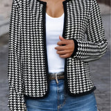 Plaid Open Front Jacket, Casual Contrast Trim Jacket For Spring & Fall, Women's Clothing