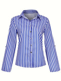 Striped Print Button Front Shirt, Elegant Long Sleeve Business Work Shirt With A Collar, Women's Clothing