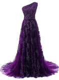 Solvbao Dark Purple One Shoulder Lace Applique Prom Dress , Long Formal Gown