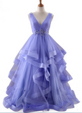 Solvbao Lavender Tulle V-neckline Layers Long Sweet 16 Dress, Light Purple Prom Dress Party Dress