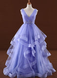 Solvbao Lavender Tulle V-neckline Layers Long Sweet 16 Dress, Light Purple Prom Dress Party Dress