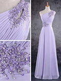 Solvbao Light Purple One Shoulder Lace Applique Chiffon Party Dress, A-line Bridesmaid Dress