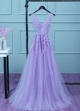 Solvbao Beautiful Light Purple Tulle Long Party Gown, A-line V-neckline Prom Dress