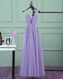 Solvbao Beautiful Light Purple Tulle Long Party Gown, A-line V-neckline Prom Dress