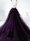 Solvbao Dark Purple Tulle with Lace Applique Long Wedding Party Dress, Purple Formal Dress