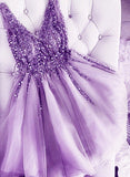 Solvbao Light Purple Beaded V-neckline Tulle Short Homecoming Dress, Tulle Short Prom Dress