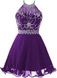 Solvbao Beautiful Purple Chiffon Halter Beaded Homecoming Dress, Knee Length Party Dress