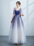 Solvbao Purple Tulle Gradient Straps Beaded Long Party Dress, New Style A-line Tulle Prom Dress