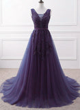 Solvbao Lovely Purple Handmade Tulle V-neckline Long Party Dress, Purple A-line Bridesmaid Dress