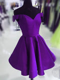 Solvbao Purple Satin Off Shoulder Short Cute Homecoming Dress, Purple Prom Dress Party Dress