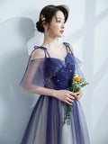 Solvbao Purple Tulle Gradient Straps Beaded Long Party Dress, New Style A-line Tulle Prom Dress