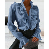 Women Elegant Ruffles Sexy V Neck Buttons Retro Denim Blue Long Sleeve Blouse Shirt Office Lady Spring Casual Slim Tops SJ5847M T200801