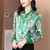 Printed Women Designer Lapel Shirts Silk Black Long Sleeve Elegant Fit Shirt Office Ladies Button Front Casual Satin Blouses Spring Fall Chic Slim Runway Tops