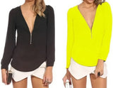 New Summer 5 Colors Women V-Neck Shirts Long Sleeve Chiffon Zip-Front Blouse Solid Color Free Shipping