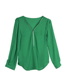 New Summer 5 Colors Women V-Neck Shirts Long Sleeve Chiffon Zip-Front Blouse Solid Color Free Shipping