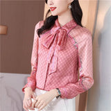 Women's Designer Floral Printed Shirt With Neck Bow Plus Size Elegant Long Sleeve Office Ladies Runway Silk Button Shirts Sweet Girl Chic Satin Blouses Red Tops