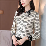 Printed Women Designer Lapel Shirts Silk Black Long Sleeve Elegant Fit Shirt Office Ladies Button Front Casual Satin Blouses Spring Fall Chic Slim Runway Tops