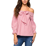 Sexy Off Shoulder Blouse Summer Women Bow Slash Neck Long Sleeve Blue Vertical Striped Shirt Blusas Casual Tops Plus Size