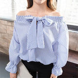 Sexy Off Shoulder Blouse Summer Women Bow Slash Neck Long Sleeve Blue Vertical Striped Shirt Blusas Casual Tops Plus Size