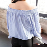 Sexy Off Shoulder Blouse Summer Women Bow Slash Neck Long Sleeve Blue Vertical Striped Shirt Blusas Casual Tops Plus Size