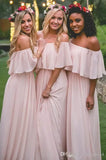 Vintage Blush Country Bridesmaid Dresses  Modest Off the shoulder Chiffon Beach Bohemian Junior Maid of Honor Wedding Guest Gowns