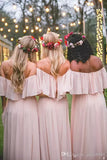 Vintage Blush Country Bridesmaid Dresses  Modest Off the shoulder Chiffon Beach Bohemian Junior Maid of Honor Wedding Guest Gowns