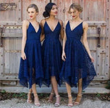 New Bridesmaid Dresses Tea-Length Blush Pink Navy Blue Lace Irregular Hem V Neck Maid of Honor Country Wedding Party Guest Gowns