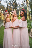 Vintage Blush Country Bridesmaid Dresses  Modest Off the shoulder Chiffon Beach Bohemian Junior Maid of Honor Wedding Guest Gowns