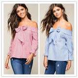 Sexy Off Shoulder Blouse Summer Women Bow Slash Neck Long Sleeve Blue Vertical Striped Shirt Blusas Casual Tops Plus Size