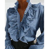 Women Elegant Ruffles Sexy V Neck Buttons Retro Denim Blue Long Sleeve Blouse Shirt Office Lady Spring Casual Slim Tops SJ5847M T200801