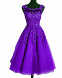 Solvbao Beautiful Tea Length Purple Round Neckline Bridesmaid Dress, Lace Appplique Party Dress