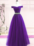 Solvbao Purple Tulle Off Shoulder Long Party Dress, Beaded A-line Prom Dress