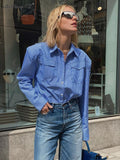 deanwangkt Long Sleeves Stripe Shirts Woman Fashion Office Ladies Blue Lapel Blouses With Shoulder Pads Streak Chic Tops