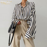 deanwangkt Fashion Woman Blouses  Autumn Casual Lapel Long Sleeve Stripe Print Shirts Lady Elegant Loose Office Female Clothing