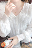 deanwangkt Blouse for Women Sweet Peter Pan Collar Long Sleeve White Shirts Lace Ruffles Chiffon Tops  Blusas Mujer De Moda