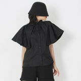 deanwangkt Straight Shirt For Women Lapel Short Sleeve Ruffle Trim Solid Loose Blouses Female Summer Clothing Style New