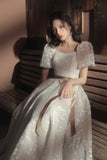 solvbao White Tulle Short Sleeve Prom Dress, Cute A-Line Evening Dress