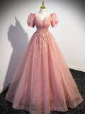 solvbao Pink Tulle Floor Length Prom Dress with Short Sleeve, Beautiful A-Line Evening Dress