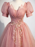 solvbao Pink Tulle Floor Length Prom Dress with Short Sleeve, Beautiful A-Line Evening Dress