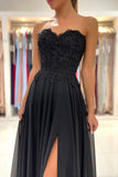 solvbao Black Chiffon Lace Long Prom Dresses, A-Line Strapless Evening Dresses