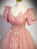 solvbao Pink Tulle Floor Length Prom Dress with Short Sleeve, Beautiful A-Line Evening Dress