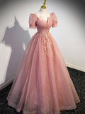 solvbao Pink Tulle Floor Length Prom Dress with Short Sleeve, Beautiful A-Line Evening Dress