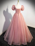 solvbao Pink Tulle Floor Length Prom Dress with Short Sleeve, Beautiful A-Line Evening Dress