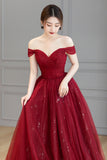 solvbao Burgundy Tulle Long Prom Dress, A-Line Off the Shoulder Evening Dress