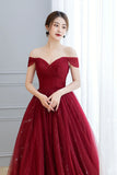 solvbao Burgundy Tulle Long Prom Dress, A-Line Off the Shoulder Evening Dress