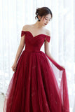 solvbao Burgundy Tulle Long Prom Dress, A-Line Off the Shoulder Evening Dress